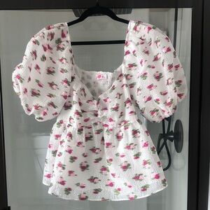 Buddy Love White and Pink embroidered Floral Puff Sleeve Blouse party M